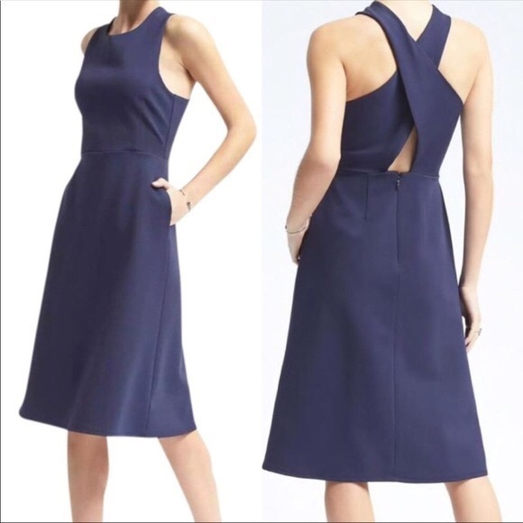 Banana Republic Dresses & Skirts - Banana Republic Cross Back Navy Fit Flare Dress 4